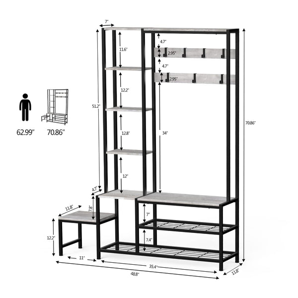 5-in-1 Hall Tree with Shoe Bench, Coat Rack & 4-Tier Shelves, Industrial