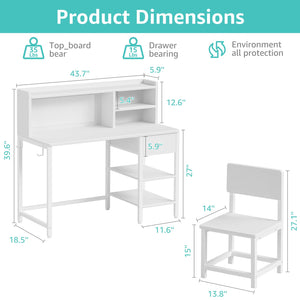 Kids Study Desk with Chair Set, Hutch & Storage