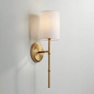 Gold Hardwired Wall Sconce with White Fabric Shade