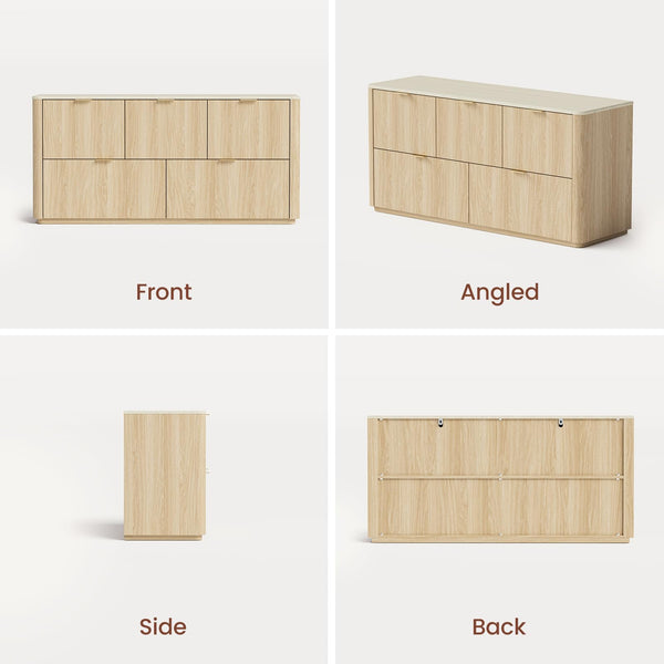 5-Drawer Wide Dresser with Faux Travertine Top
