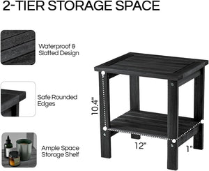 THYOI Premium Acacia Wood Outdoor Side Table, Adirondack Square Patio End Table with 2-Tier Storage Shelf, Weather-Resistant Small Table for Porch, Garden, Backyard, Poolside (Black)