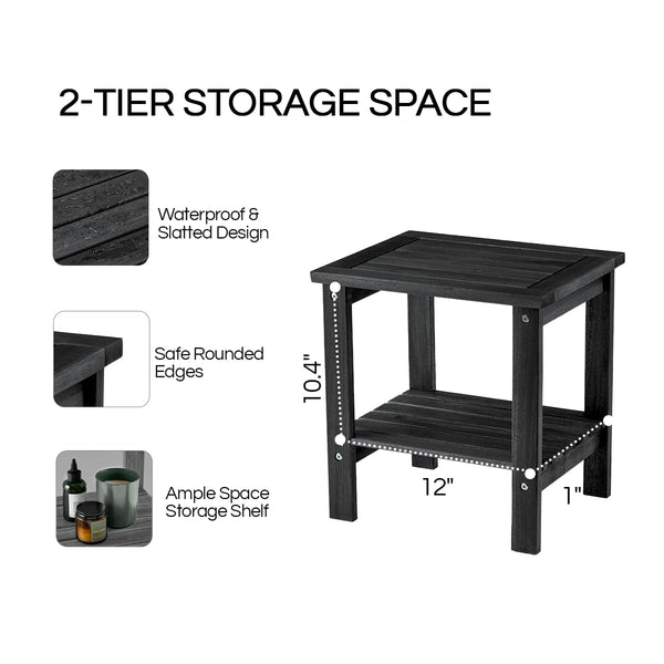 THYOI Premium Acacia Wood Outdoor Side Table, Adirondack Square Patio End Table with 2-Tier Storage Shelf, Weather-Resistant Small Table for Porch, Garden, Backyard, Poolside (Black)
