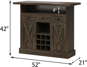 52-Inch Farmhouse Bar Cabinet with Wine Rack & Storage