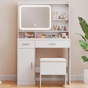 Vanity Desk with LED Mirror, Power Outlets & Storage