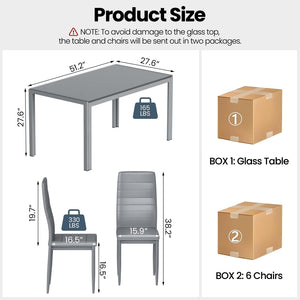 7-Piece Tempered Glass Dining Table Set with 6 PU Leather Chairs