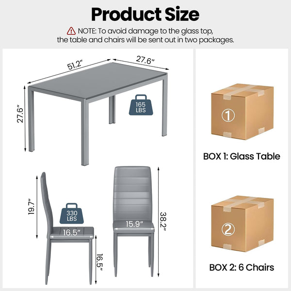 7-Piece Tempered Glass Dining Table Set with 6 PU Leather Chairs
