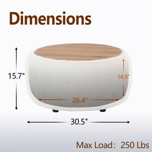 Round Storage Ottoman with Wooden Tabletop