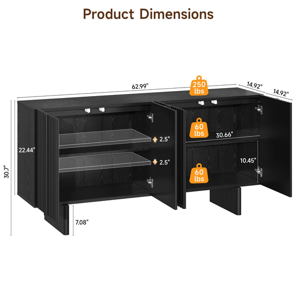 63" Fluted Sideboard Buffet Cabinet with Adjustable Shelves