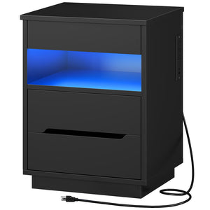 Nightstand with Charging Station, LED Light, Lockable Compartment & Drawers