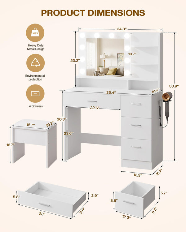 Makeup Vanity Table with HD Mirror, LED Bulbs, Drawers & Stool