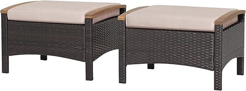 Outdoor Wicker Ottoman Set – 2 Piece Patio Rattan Footrest with Cushions