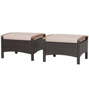 Outdoor Wicker Ottoman Set – 2 Piece Patio Rattan Footrest with Cushions