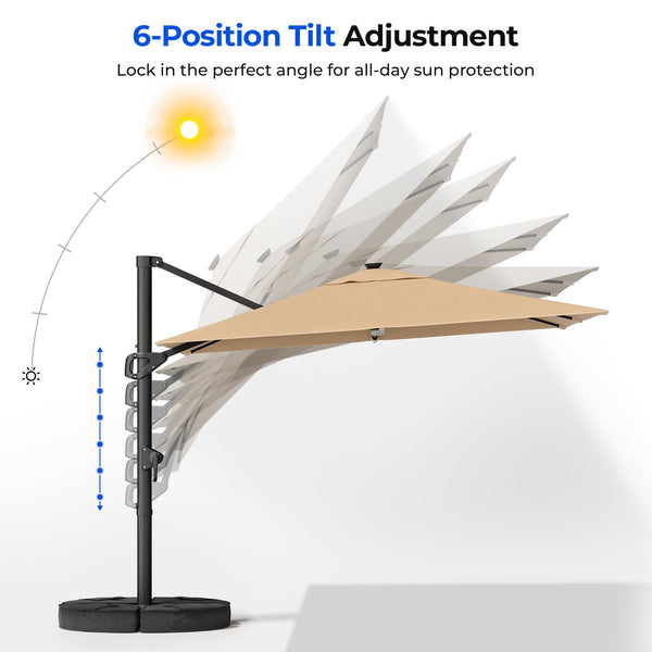 10 ft Square Cantilever Patio Umbrella with Solar Lights & Base