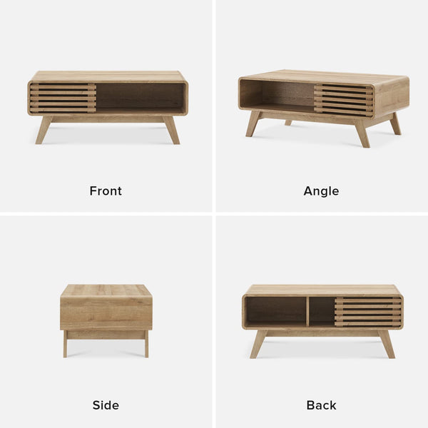 Mid-Century Fluted Coffee Table with 4-Compartment Storage & Tapered Legs
