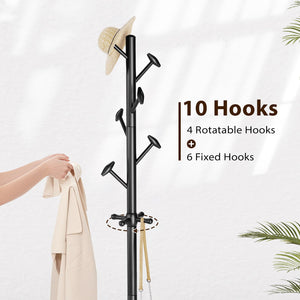 Freestanding Wood Coat Rack with 10 Hooks