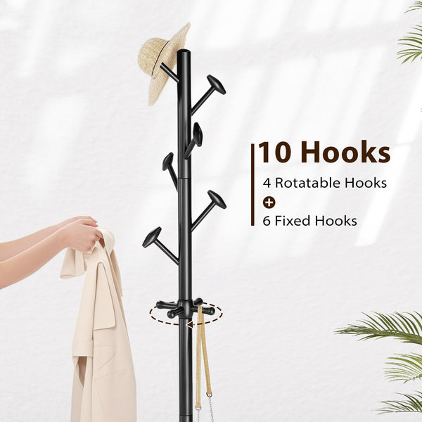 Freestanding Wood Coat Rack with 10 Hooks