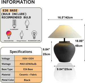 Black Ceramic Farmhouse Table Lamp with Fabric Shade