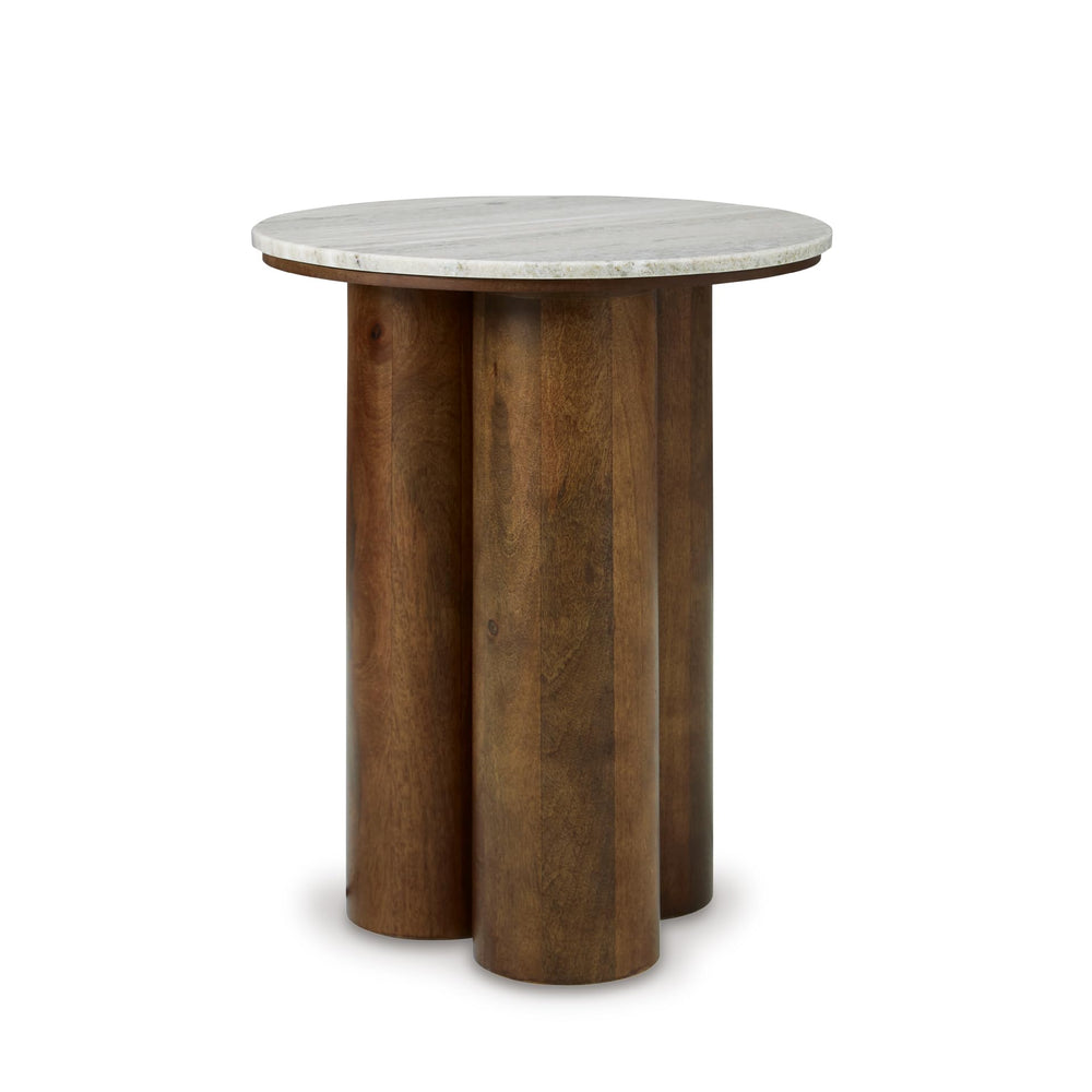 Round Marble Top Accent End Table with Wood Legs