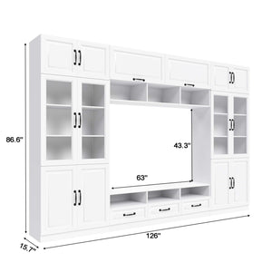 126" Entertainment Center Wall Unit with Glass Doors & Drawers