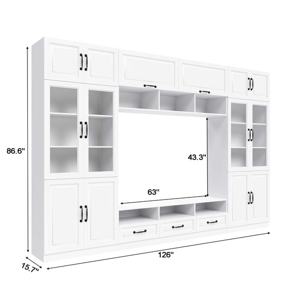 126" Entertainment Center Wall Unit with Glass Doors & Drawers