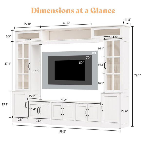 98" Wall Unit TV Stand with LED Lights & Bookshelves