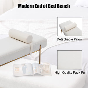Faux Fur Upholstered Bench with Gold Metal Legs & Detachable Pillow – White