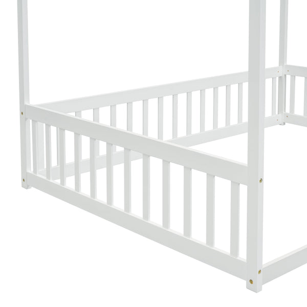 Full Size Kids Canopy Floor Bed Frame with Guardrails