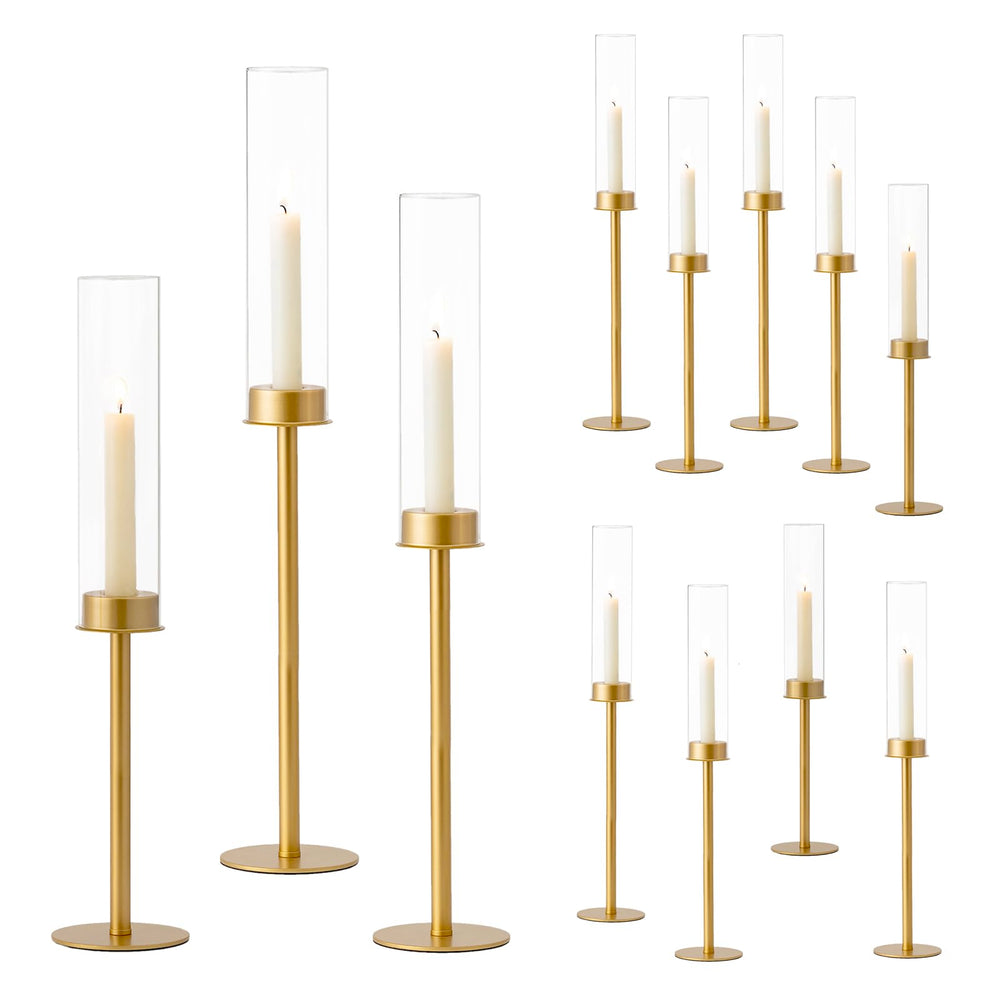 Gold Hurricane Candlestick Holders Set with Glass Candle Cover