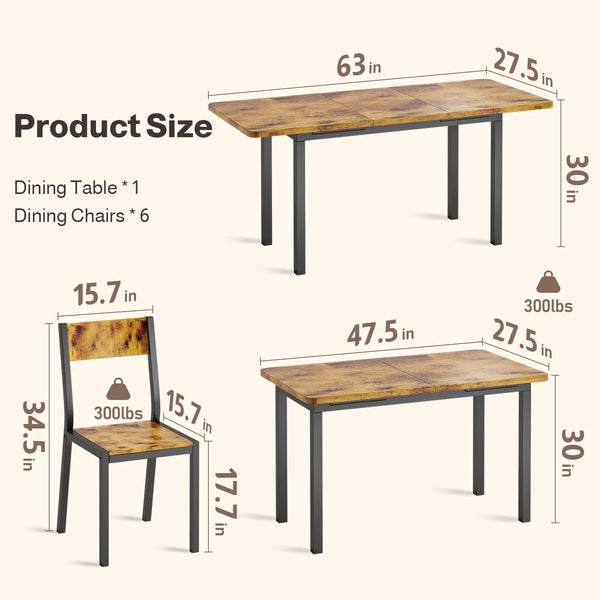 7-Piece Extendable Dining Table Set with 6 Chairs – Rustic Brown