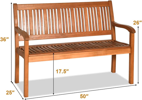 50" Solid Wood Outdoor Bench with Backrest & Armrests