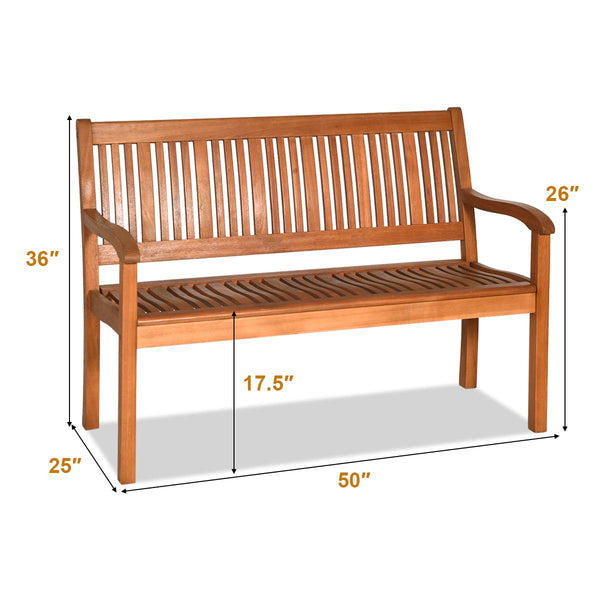 50" Solid Wood Outdoor Bench with Backrest & Armrests