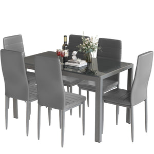 7-Piece Tempered Glass Dining Table Set with 6 PU Leather Chairs