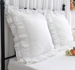 Euro Pillow Shams 26x26 – White Lace & Ruffle Cotton Covers
