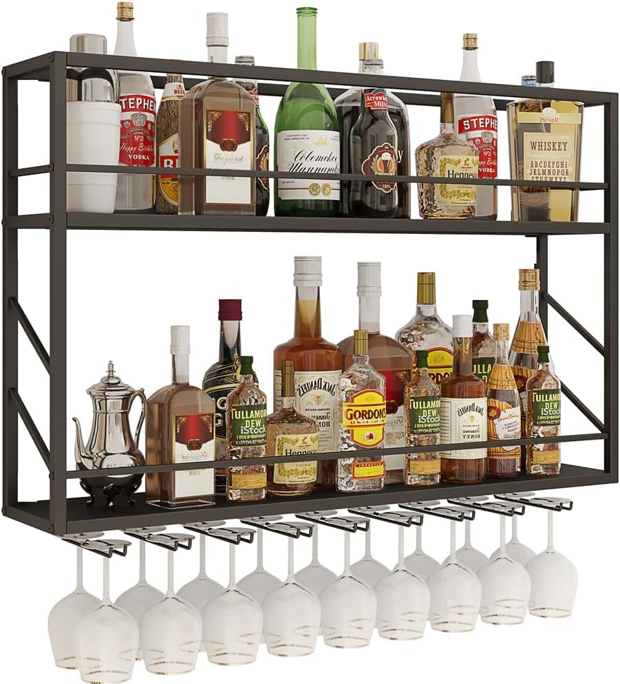 Wall Mounted 2-Tier Metal Wine Rack with Glass Holder