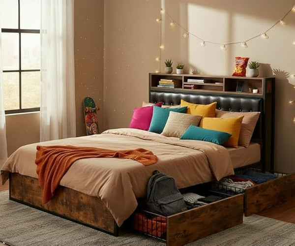 Queen Bed Frame with Storage Drawers & Charging Station