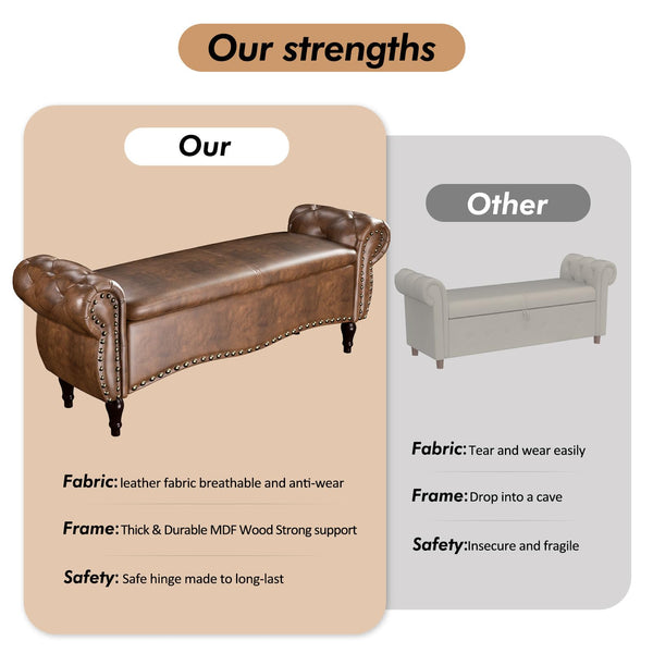 Upholstered Storage Ottoman Bench with Rolled Arms & Nailhead Trim