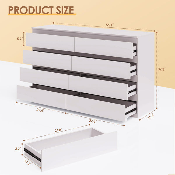 8-Drawer White Wood Dresser with Storage