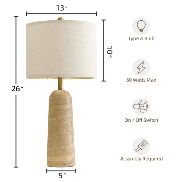 Travertine-Look Resin Table Lamp Set of 2 with Linen Shade