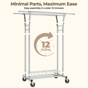 Heavy Duty Rolling Clothes Rack with Shelves, 700 lb Capacity, Dual Rod