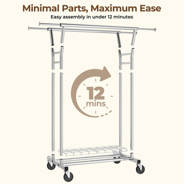 Heavy Duty Rolling Clothes Rack with Shelves, 700 lb Capacity, Dual Rod