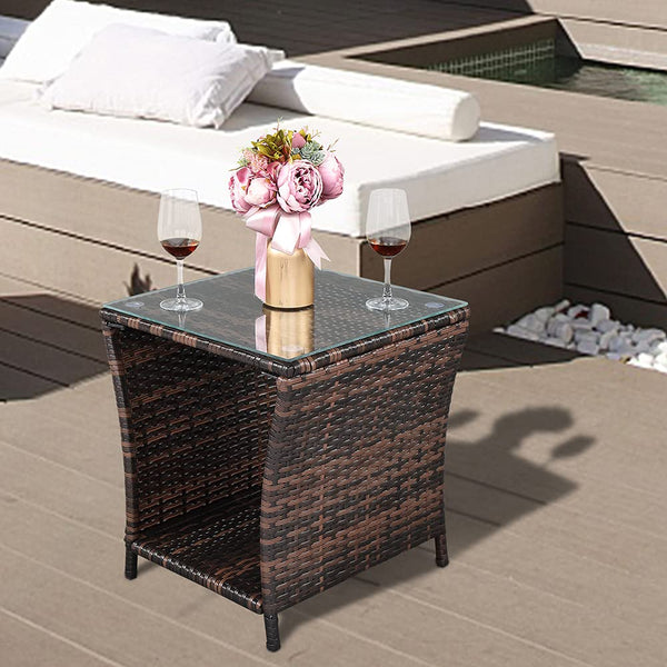 Outdoor Wicker Side Table with Glass Top