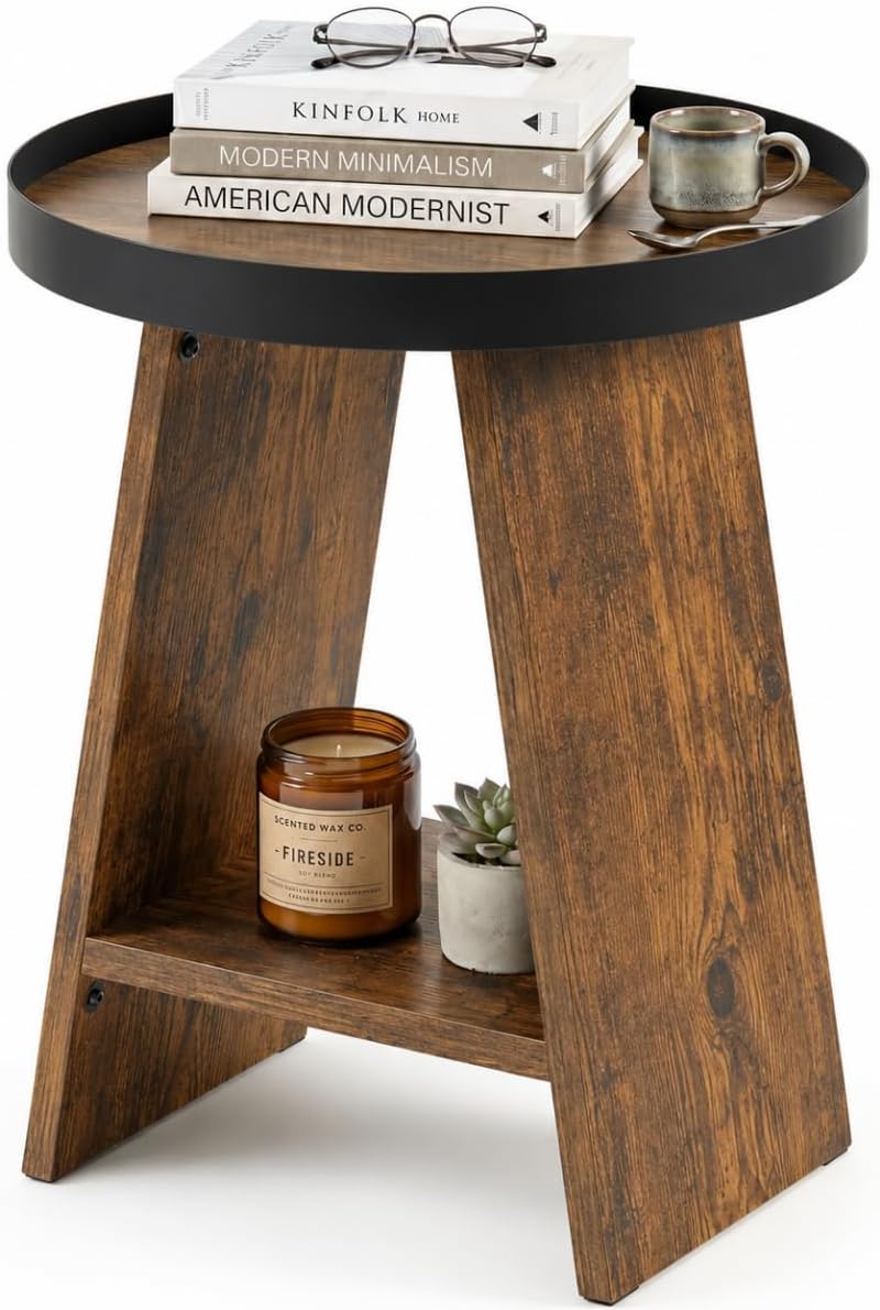 Round 2-Tier Side Table with Tray Top