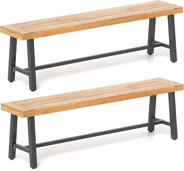 63-Inch Acacia Wood Outdoor Bench – 3-Person Patio Seat with Metal Frame