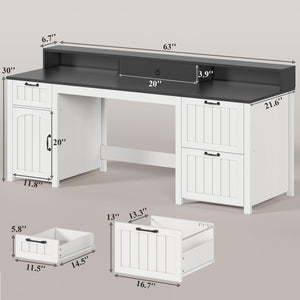63-Inch Farmhouse Executive Desk with File Drawers, Monitor Stand & Storage Cabinet