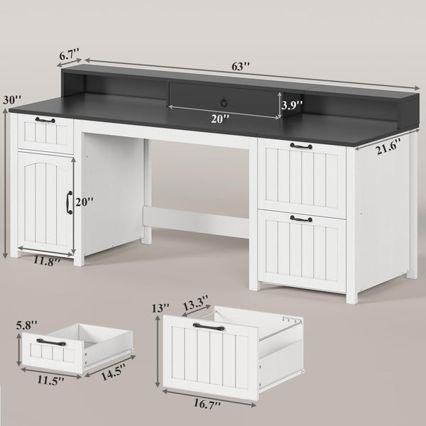 63-Inch Farmhouse Executive Desk with File Drawers, Monitor Stand & Storage Cabinet