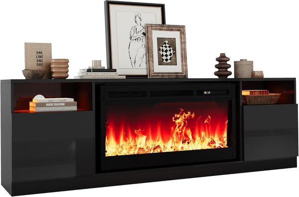 75" Electric Fireplace TV Stand with LED Lights & Storage Cabinets