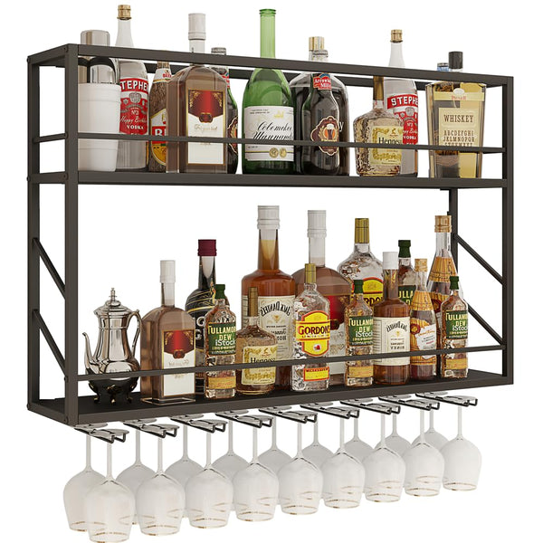 Wall Mounted 2-Tier Metal Wine Rack with Glass Holder