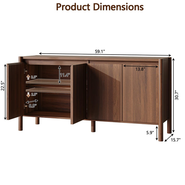 59" Wide 4-Door Sideboard Cabinet with Adjustable Shelves & Wood Legs
