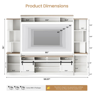 101" Wall Unit Entertainment Center with LED & Sliding Doors – White