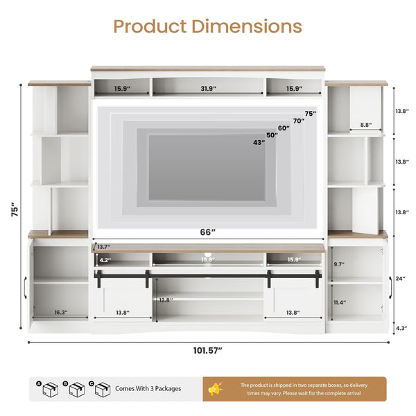 101" Wall Unit Entertainment Center with LED & Sliding Doors – White